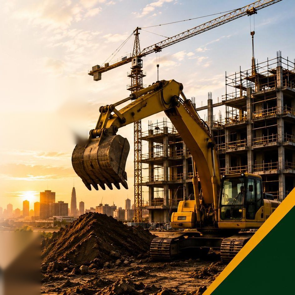 Ekskavator dan tower crane di area pembangunan gedung saat matahari terbenam